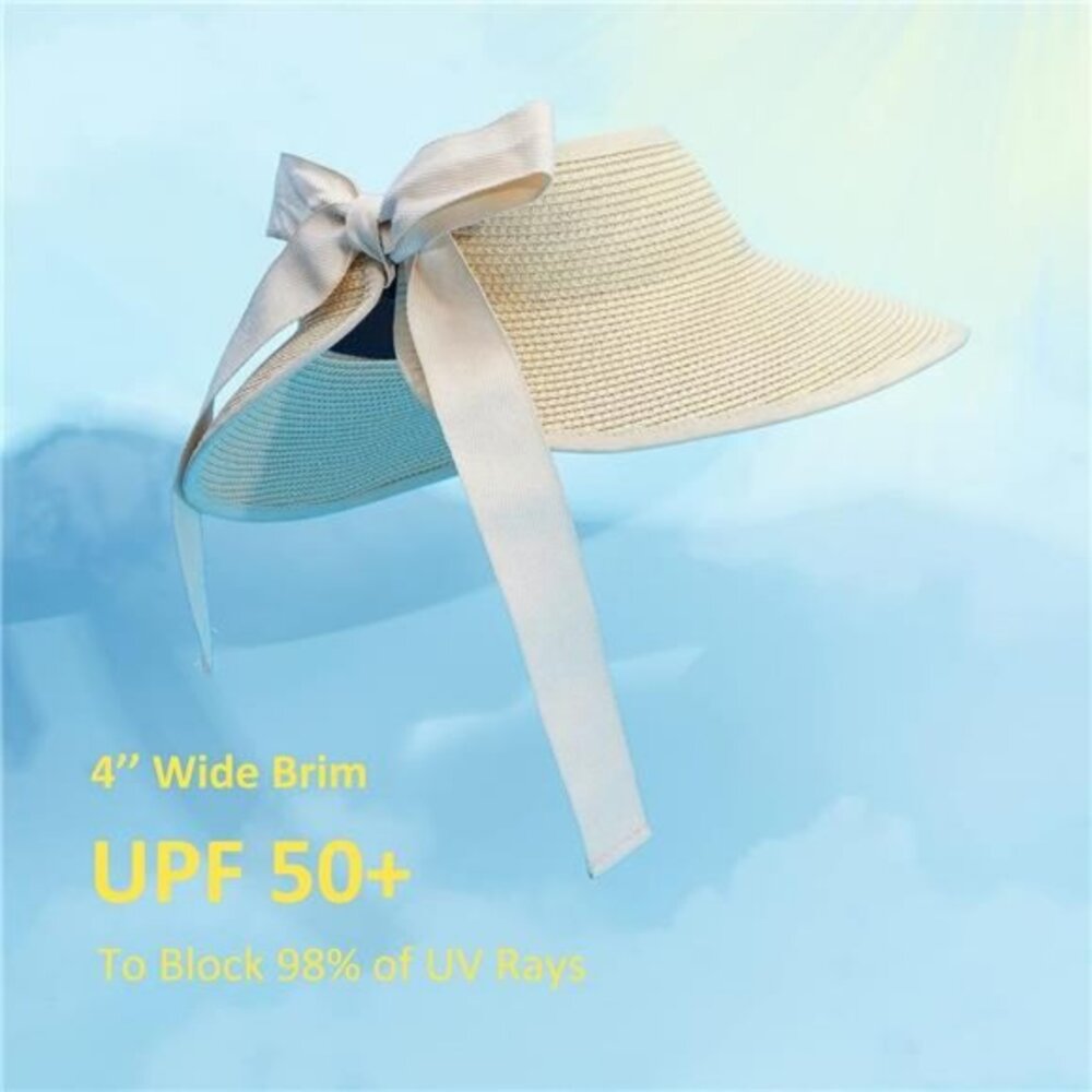 New Sun‎ Visor Hats for Wome  Summer Ponytail Foldable Straw Beach Hat UPF 50+